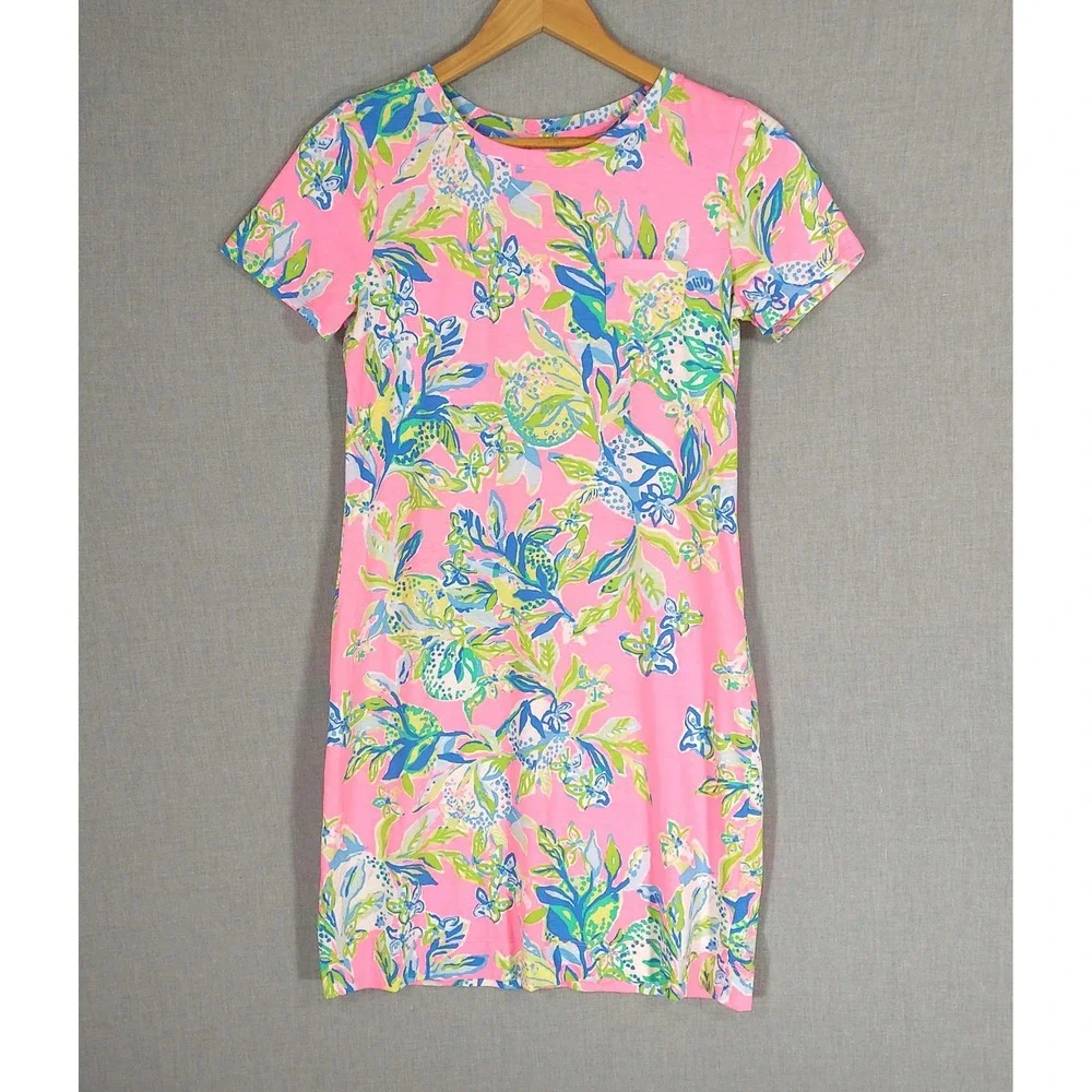 Lilly Pulitzer Pink Floral T-Shirt Shift Dress Pima Cotton Pocket Preppy Tee Sm - Picture 1 of 8